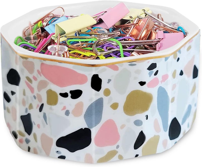 LEAZUL Ceramic Paper Clip Holder Gold Line Paper Clip Dispenser Organizer for Desk Cute Terrazzo Marble Pattern Office Binder Clip Holder Bobby Pin and Hair Clip Holder Gift for Office Pink - Image 1